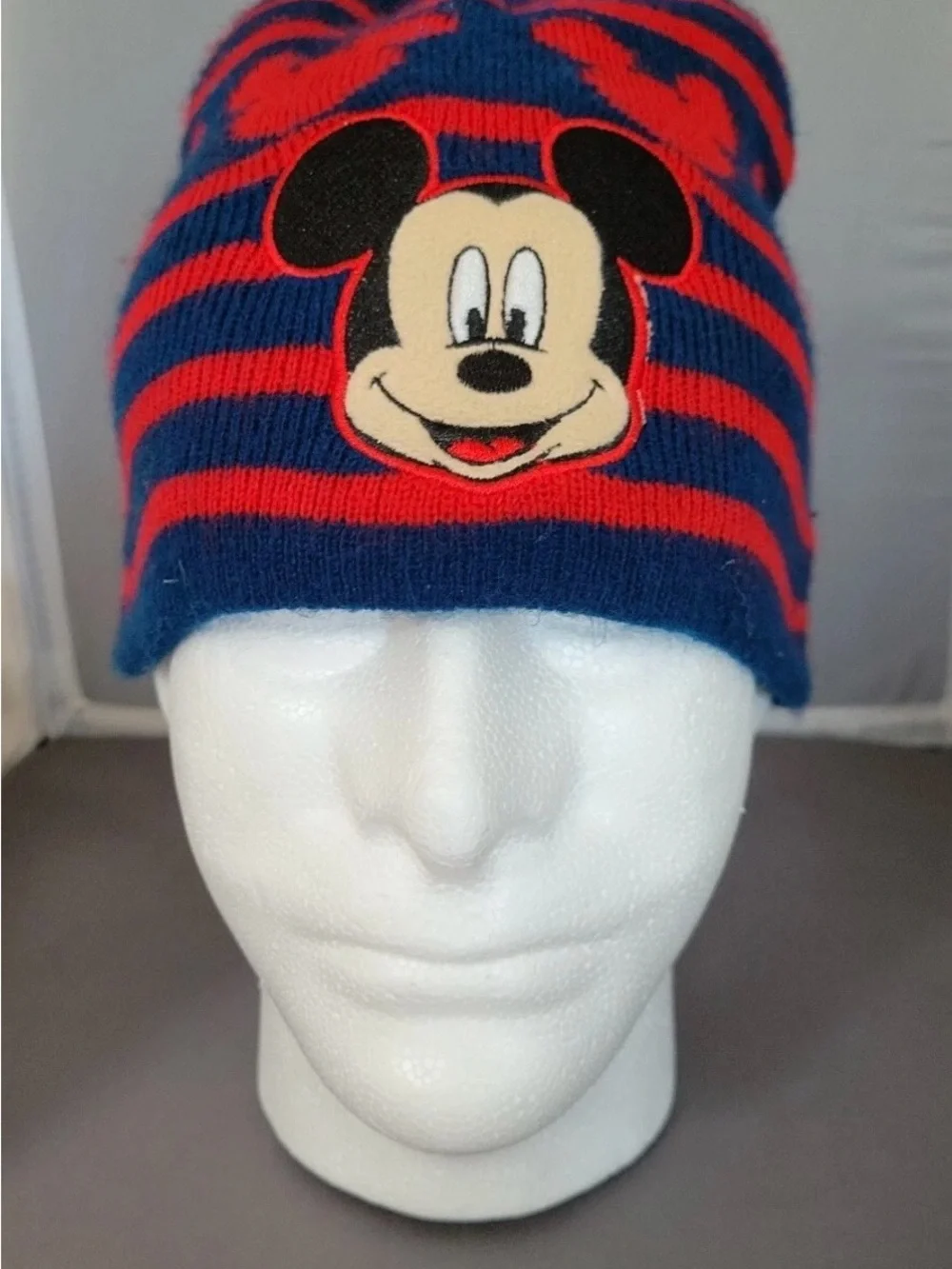 Disney Junior Mickey Mouse Child Embroidered Blue/Red Stripe Cuff Beanie Hat